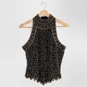 Vintage Papell Boutique Evening Beaded Silk Art Deco High Neck Top Black Gold MP